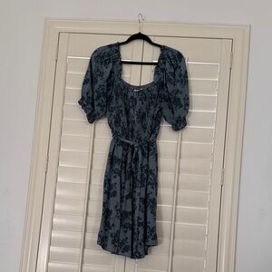 Gal Meets Glam Slate Blue Floral Midi Dress with Puff Sleeves